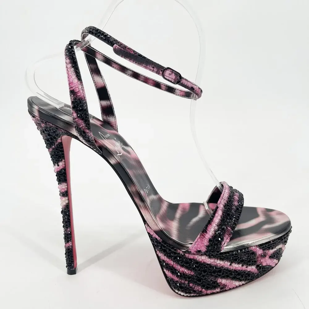 Christian Louboutin Loubi Queen Alta Pink Black Strass Platform Sandals EU 42